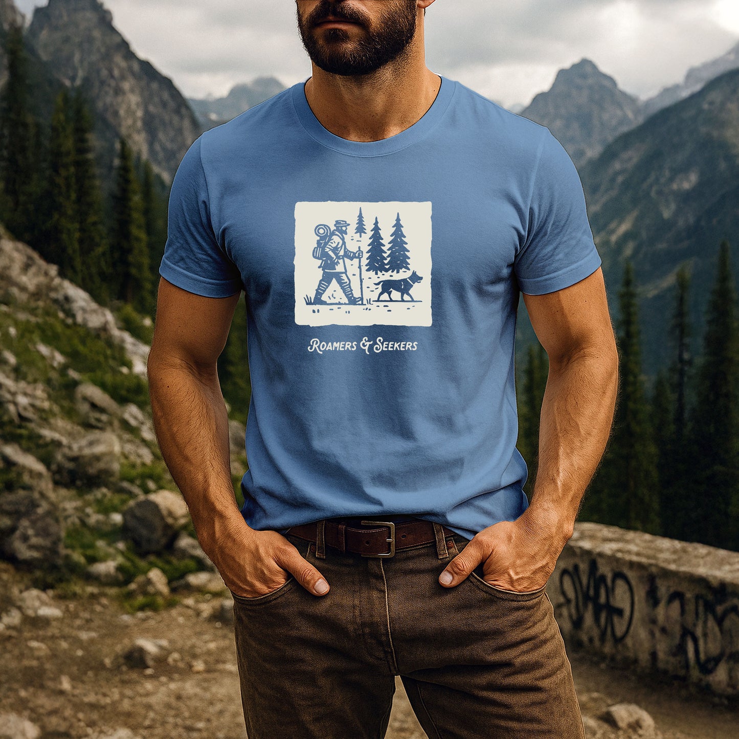 Roamers & Seekers Mens Roam Graphic T-Shirt – Stone Blue – Classic Fit 100% Cotton – Roamers & Seekers Graphic Tee