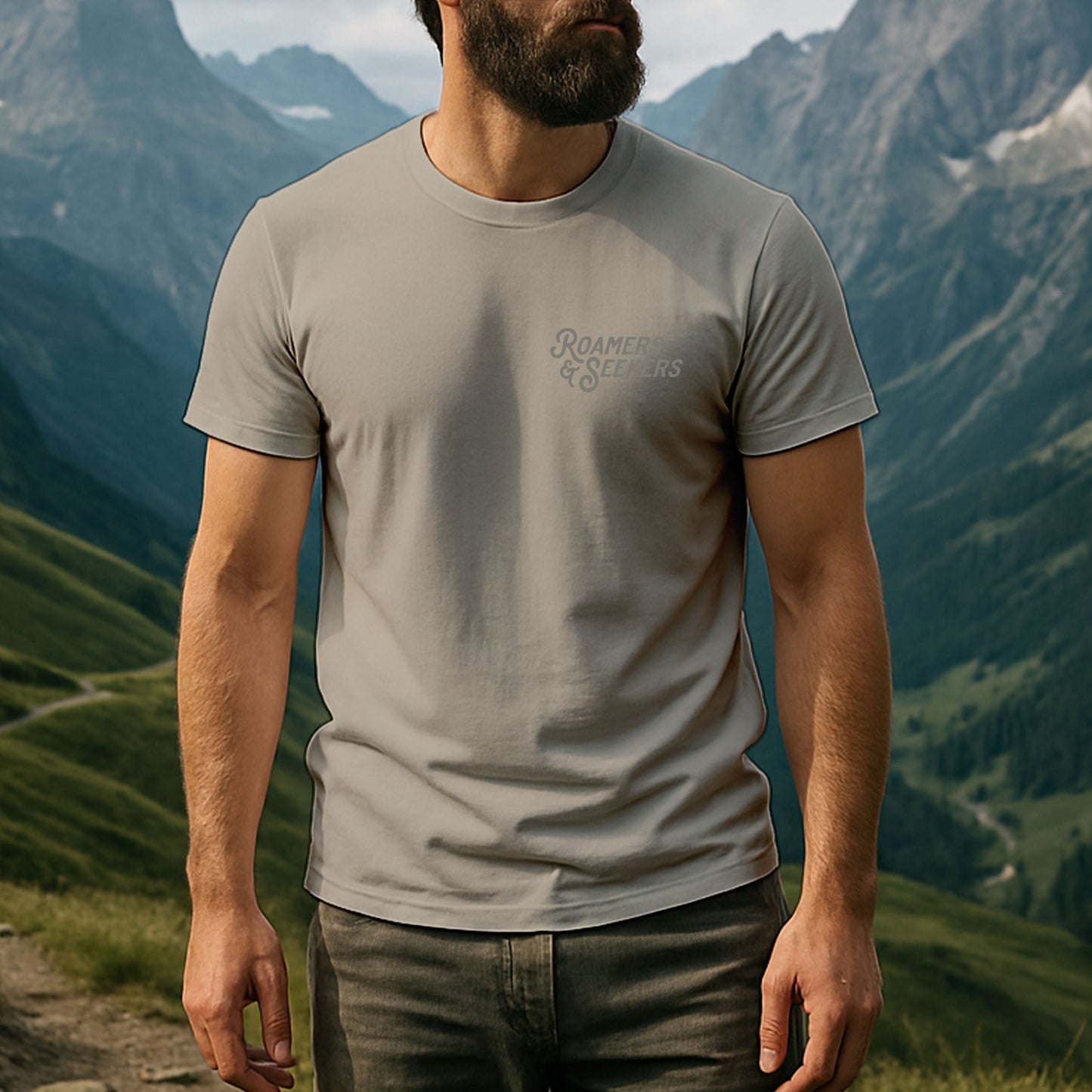 Roamers & Seekers Mens Stack Graphic T-Shirt – Sand – Classic Fit 100% Cotton – Roamers & Seekers Graphic Tee