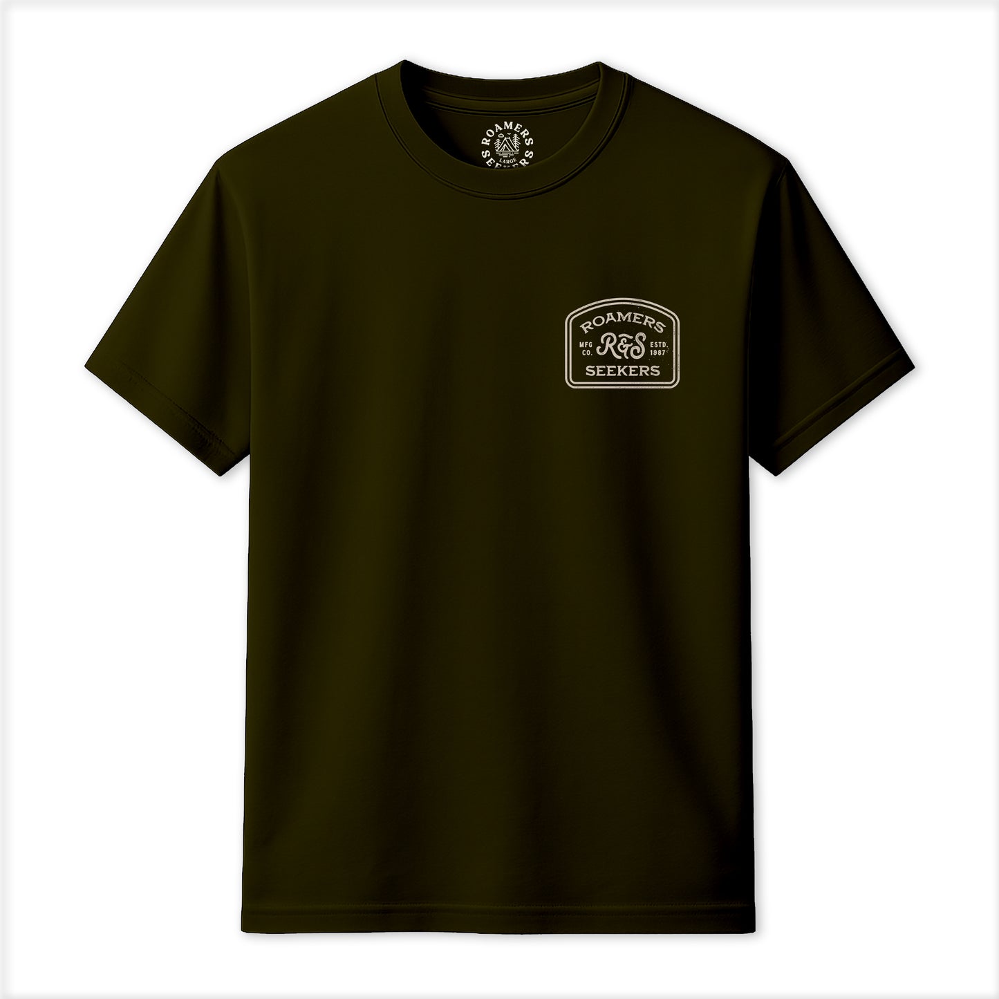 Roamers & Seekers Mens Branded Graphic T-Shirt – Military Green – Classic Fit 100% Cotton – Roamers & Seekers Graphic Tee