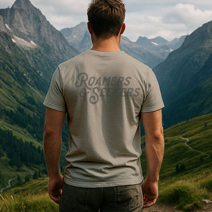 Roamers & Seekers Mens Stack Graphic T-Shirt – Sand – Classic Fit 100% Cotton – Roamers & Seekers Graphic Tee