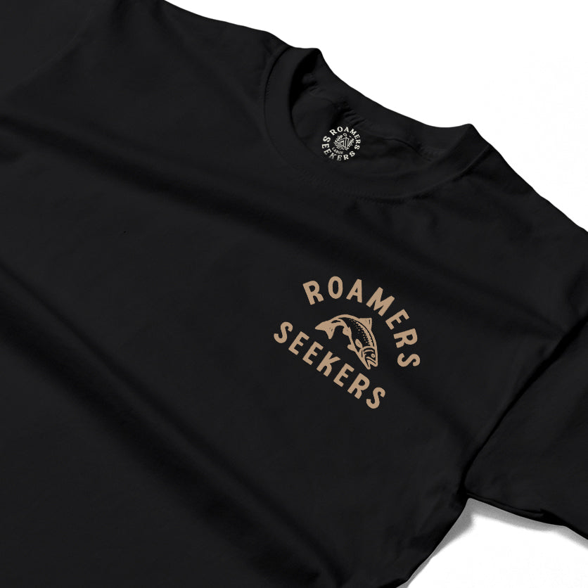 Roamers & Seekers Mens Salmon Run Graphic T-Shirt – Black – Classic Fit 100% Cotton – Roamers & Seekers Graphic Tee