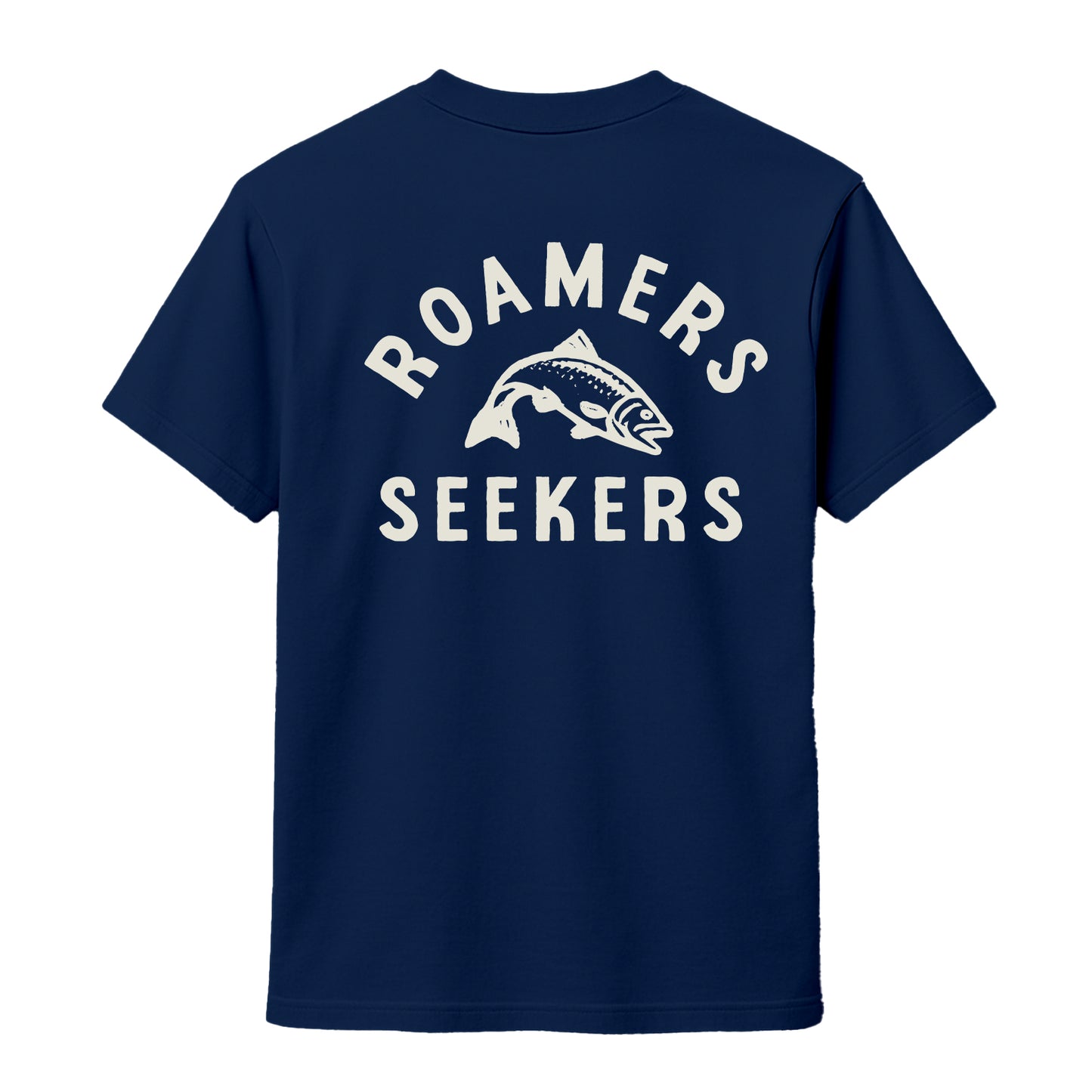 Roamers & Seekers Mens Salmon Run Graphic T-Shirt – Navy Blue – Classic Fit 100% Cotton – Roamers & Seekers Graphic Tee