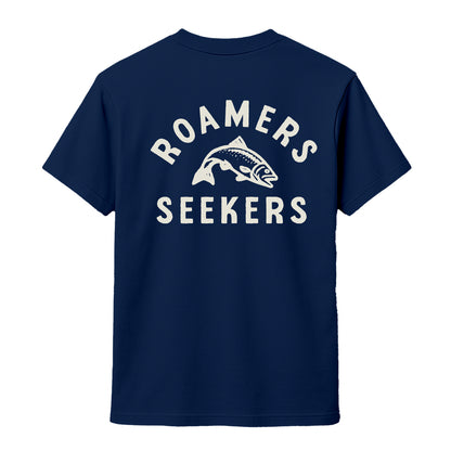 Roamers & Seekers Mens Salmon Run Graphic T-Shirt – Navy Blue – Classic Fit 100% Cotton – Roamers & Seekers Graphic Tee