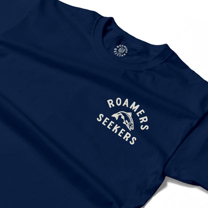 Roamers & Seekers Mens Salmon Run Graphic T-Shirt – Navy Blue – Classic Fit 100% Cotton – Roamers & Seekers Graphic Tee