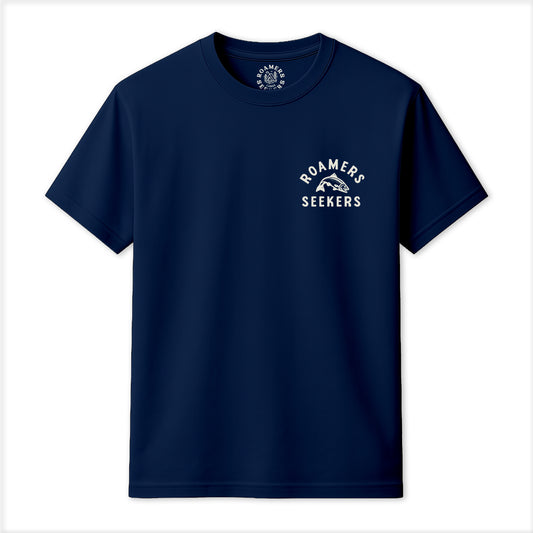 Roamers & Seekers Mens Salmon Run Graphic T-Shirt – Navy Blue – Classic Fit 100% Cotton – Roamers & Seekers Graphic Tee