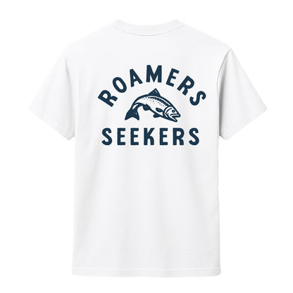 Roamers & Seekers Mens Salmon Run Graphic T-Shirt – White – Classic Fit 100% Cotton – Roamers & Seekers Graphic Tee