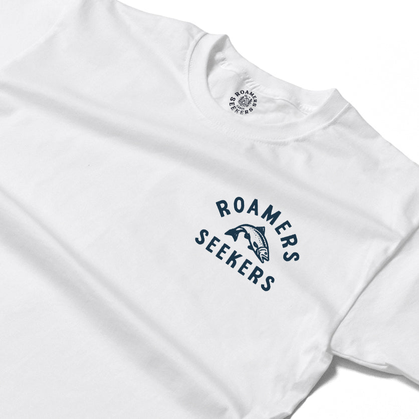 Roamers & Seekers Mens Salmon Run Graphic T-Shirt – White – Classic Fit 100% Cotton – Roamers & Seekers Graphic Tee
