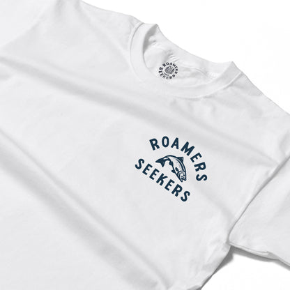 Roamers & Seekers Mens Salmon Run Graphic T-Shirt – White – Classic Fit 100% Cotton – Roamers & Seekers Graphic Tee