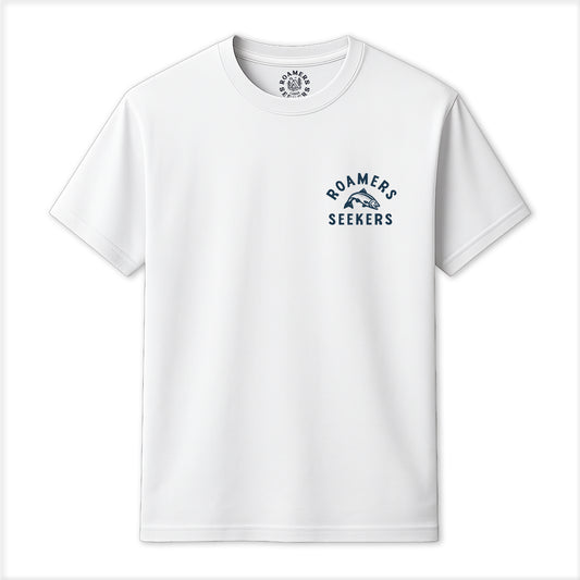 Roamers & Seekers Mens Salmon Run Graphic T-Shirt – White – Classic Fit 100% Cotton – Roamers & Seekers Graphic Tee