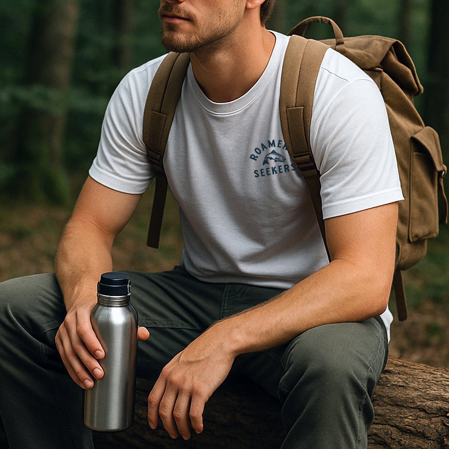 Roamers & Seekers Mens Salmon Run Graphic T-Shirt – White – Classic Fit 100% Cotton – Roamers & Seekers Graphic Tee
